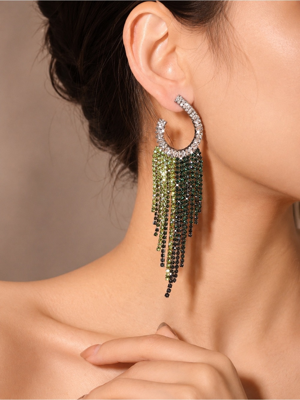 Elegant Green Rhinestone Fringe Statement Earrings Silver Tone Dangle
